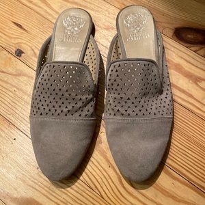 Vince Camuto Rafiele Gray Suede Laser Cut Slides Mules